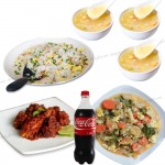 Egg fried rice W/ Chicken masala, soup, vegetable and Cocacola