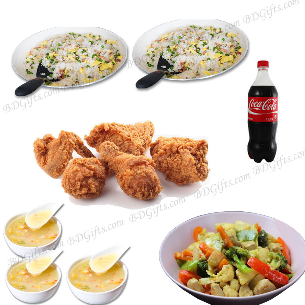 Egg fried rice W/ Chicken fry, soup, vegetable and Cocacola