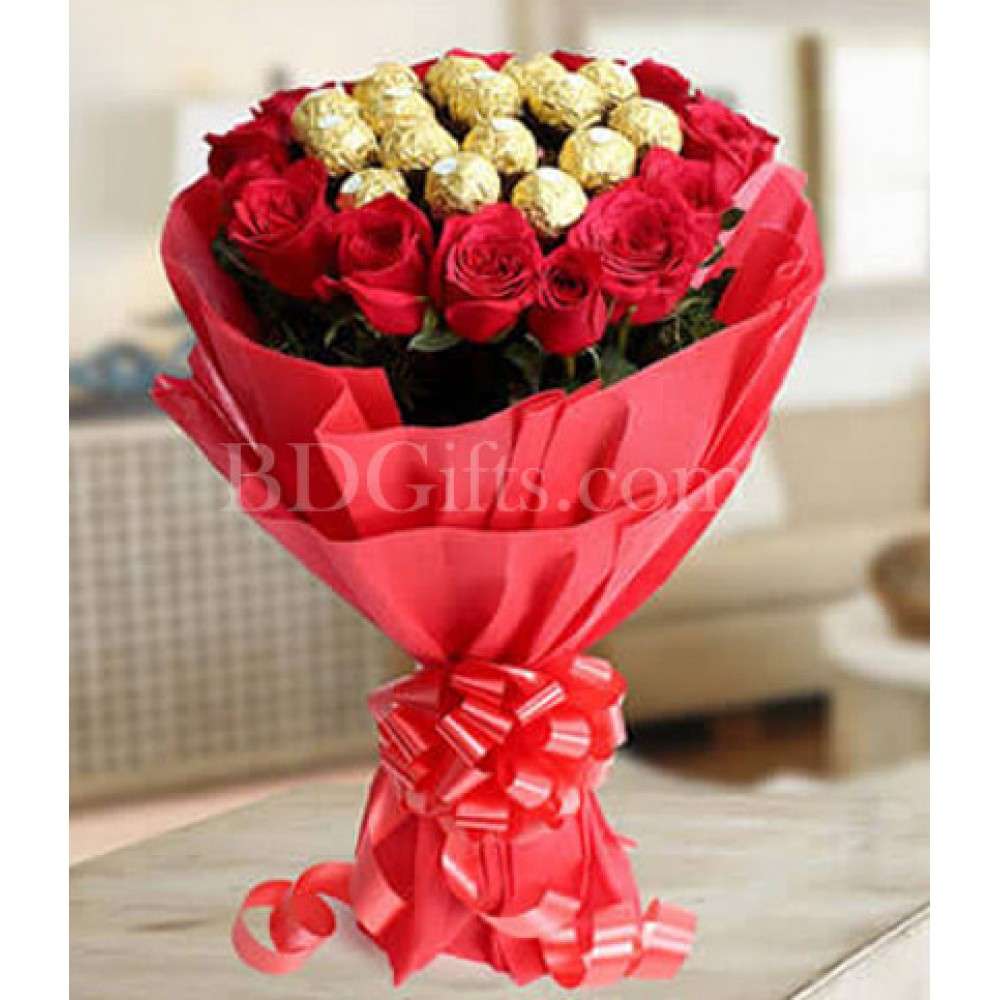 Roses with chocolates in bouquet