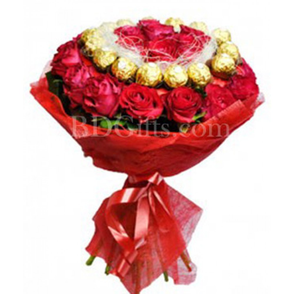 Rose and ferrero rocher chocolates in bouquet