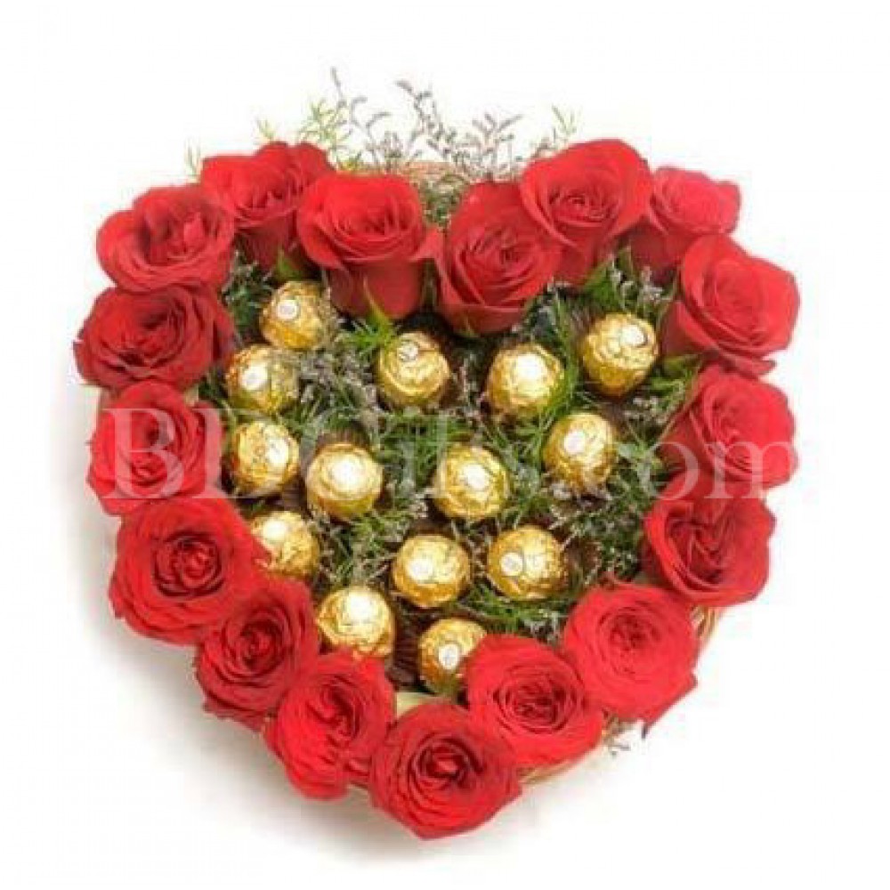 Roses and chocolates in heart shape