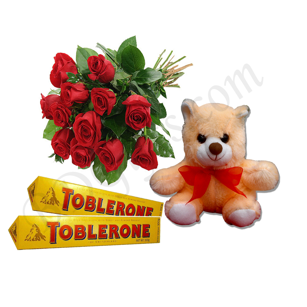 Red roses w/ teddy bear and chocolates