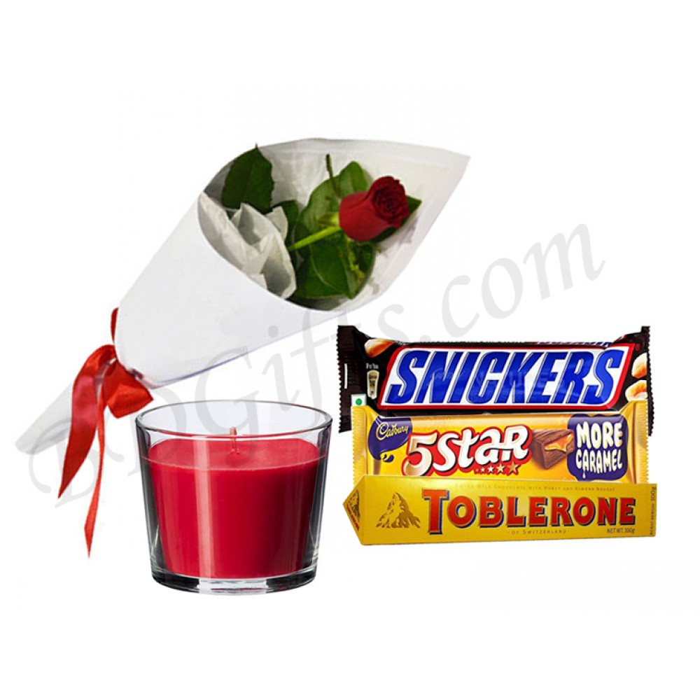 Single red rose w/ glass candle and chocolates