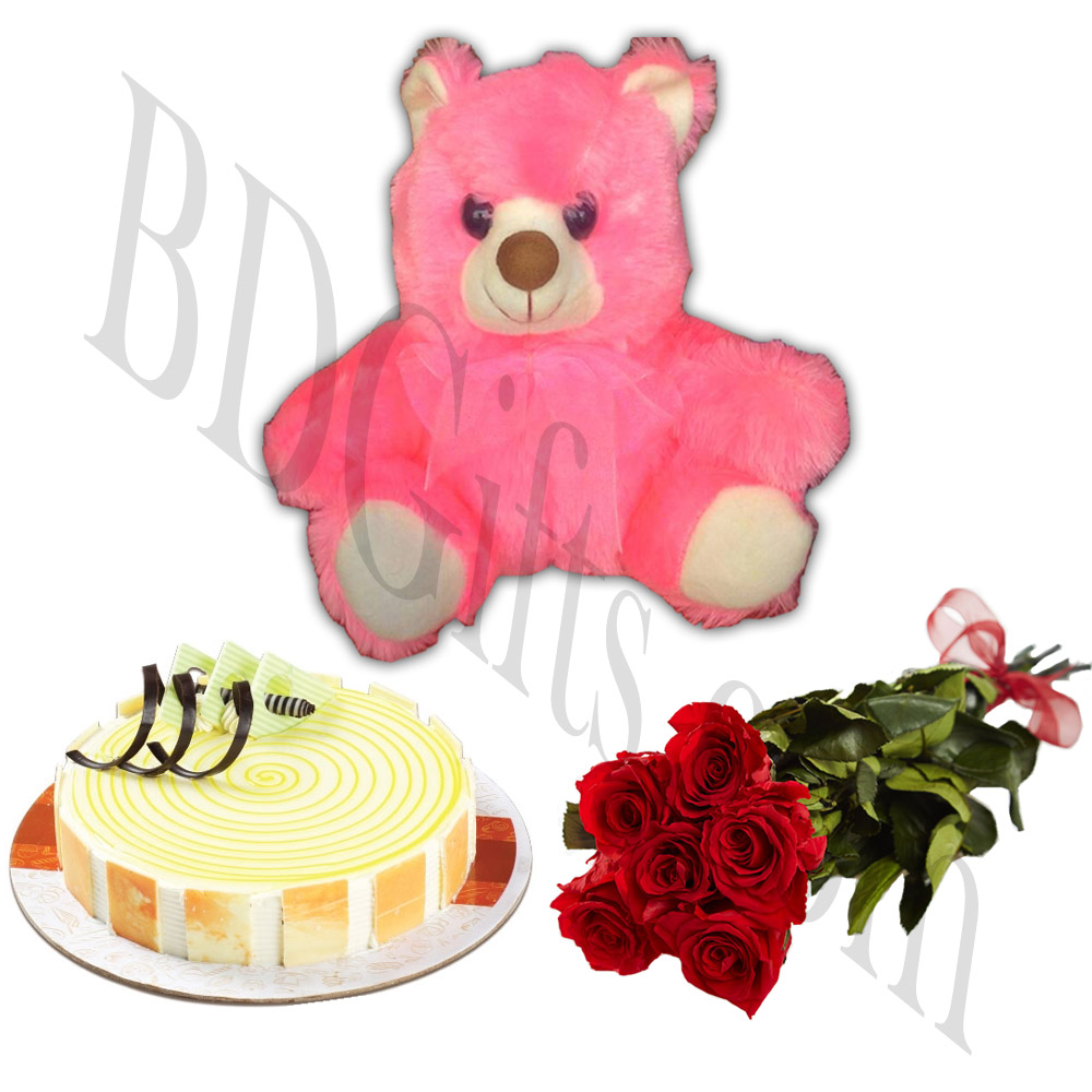 teddy bear, cake and red rose