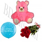 Birthday balloons, teddy bear, red roses