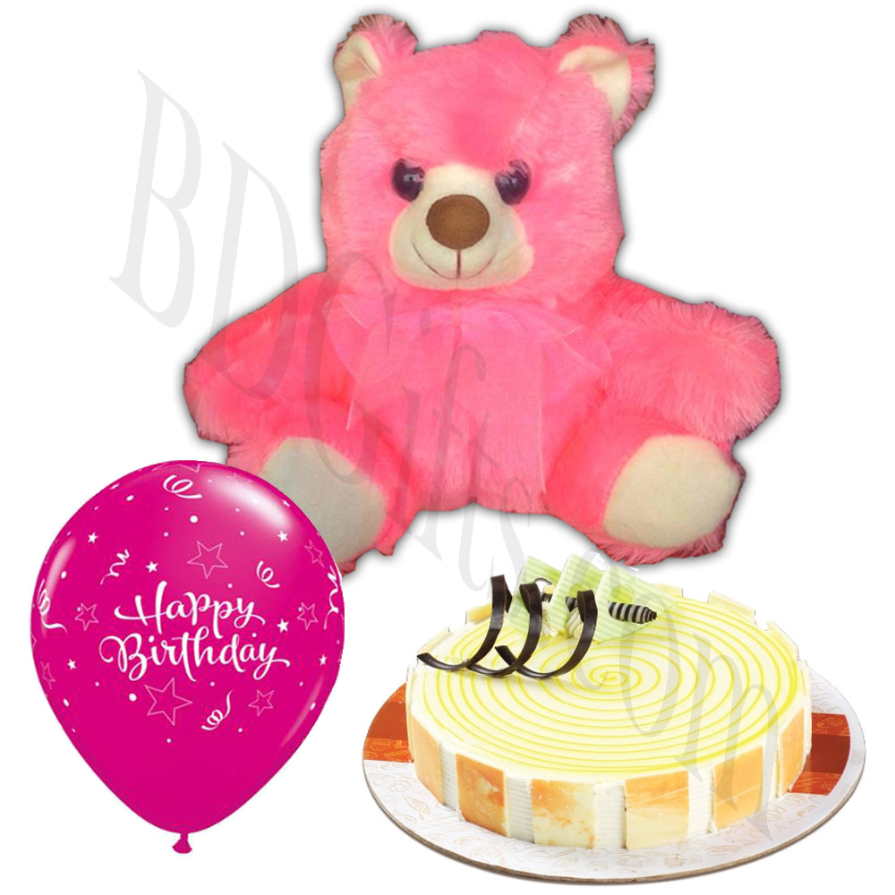Vanilla cake w/ teddy bear and birthday balloon