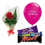 chocolates w/ birthday balloon and red rose