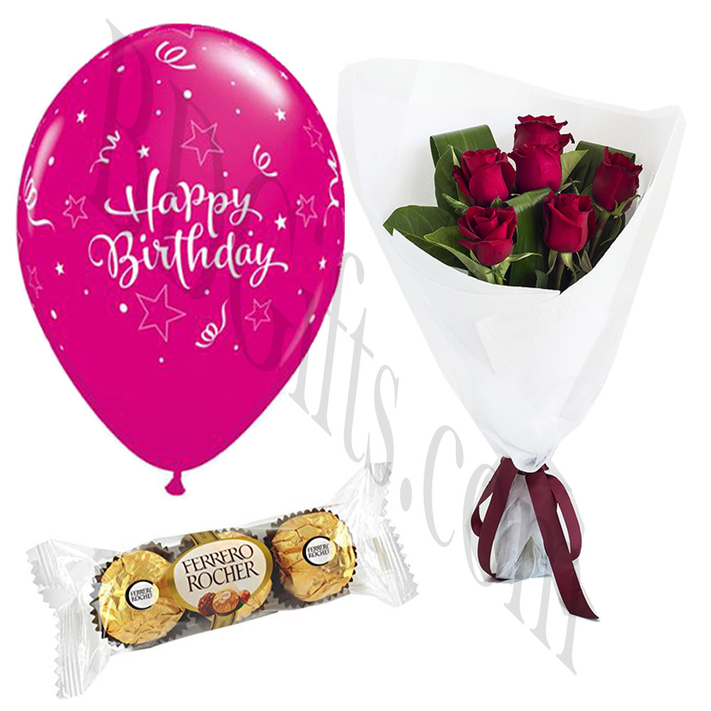 Birthday balloons w/ chocolate and red roses