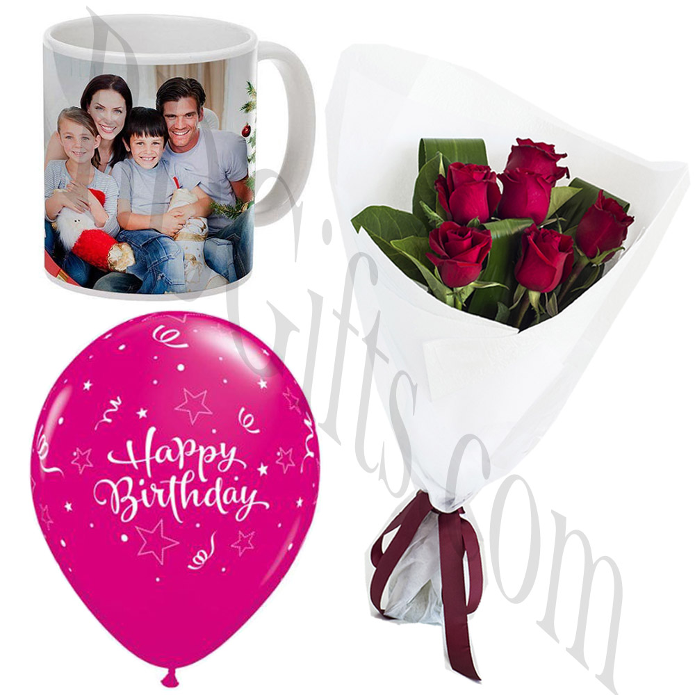 Birthday balloon w/ photo mug and red rose