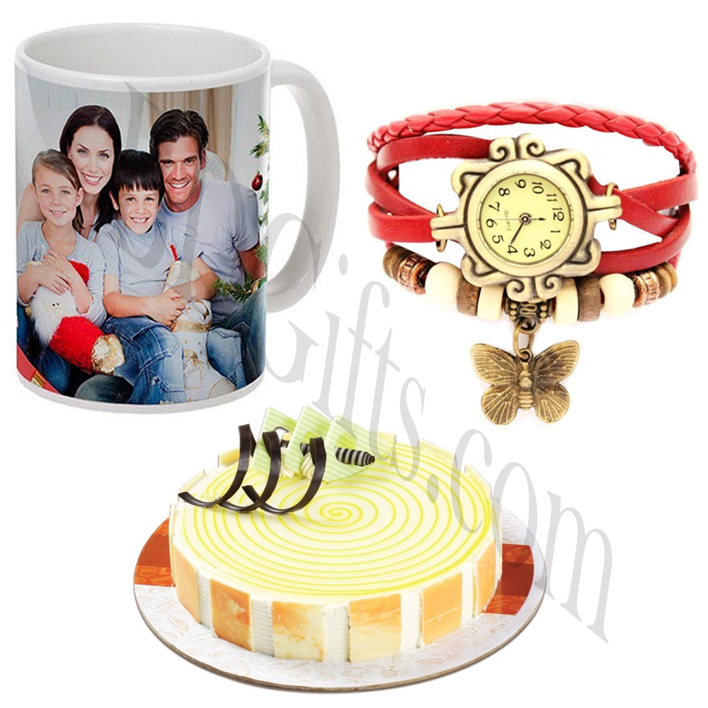 Vanilla cake w/ ladies watch and photo mug