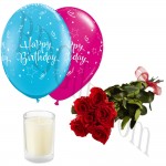 Red roses w/ glass candle and birthday balloons
