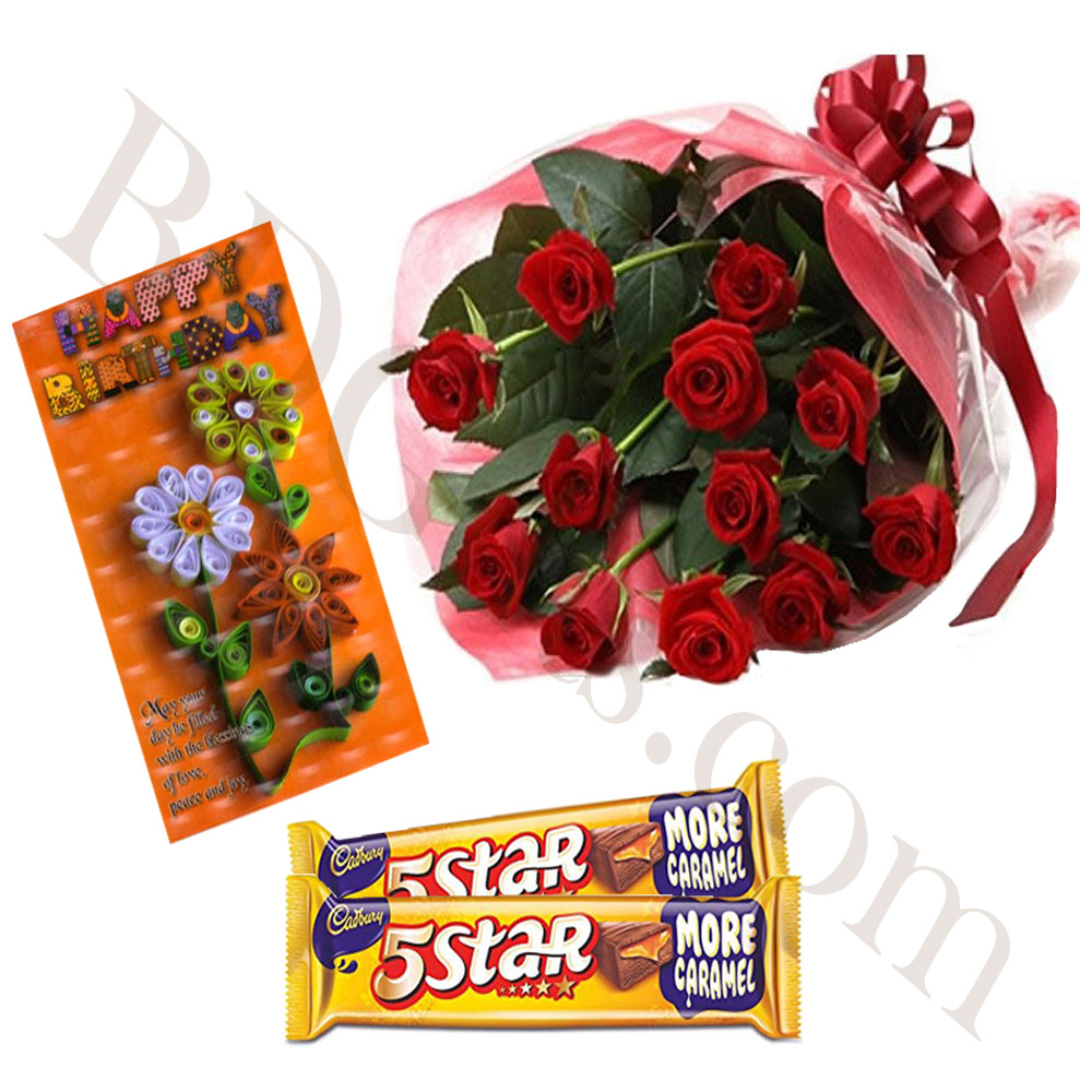 Red roses w/ happy birthday card and chocolates