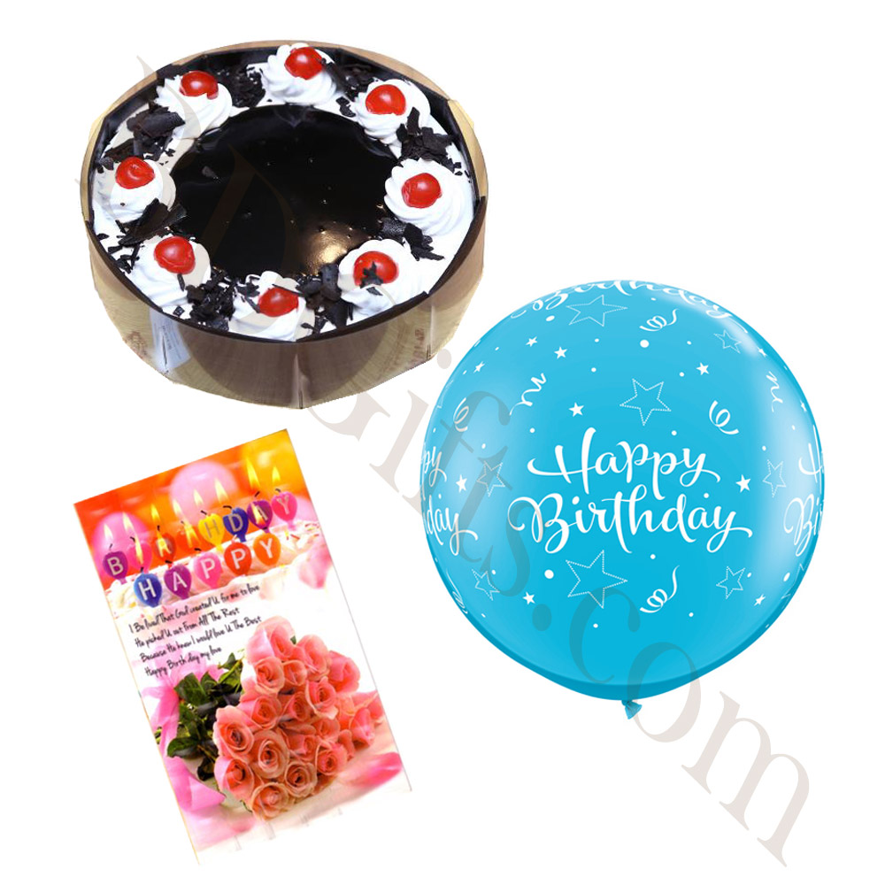 Black forest cake w/ birthday car and birthday balloon