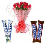 Red roses w/ 2 pieces bounty and 2 pieces snickers