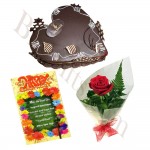 Love shape chocolate cake w/ red rose and birthday card