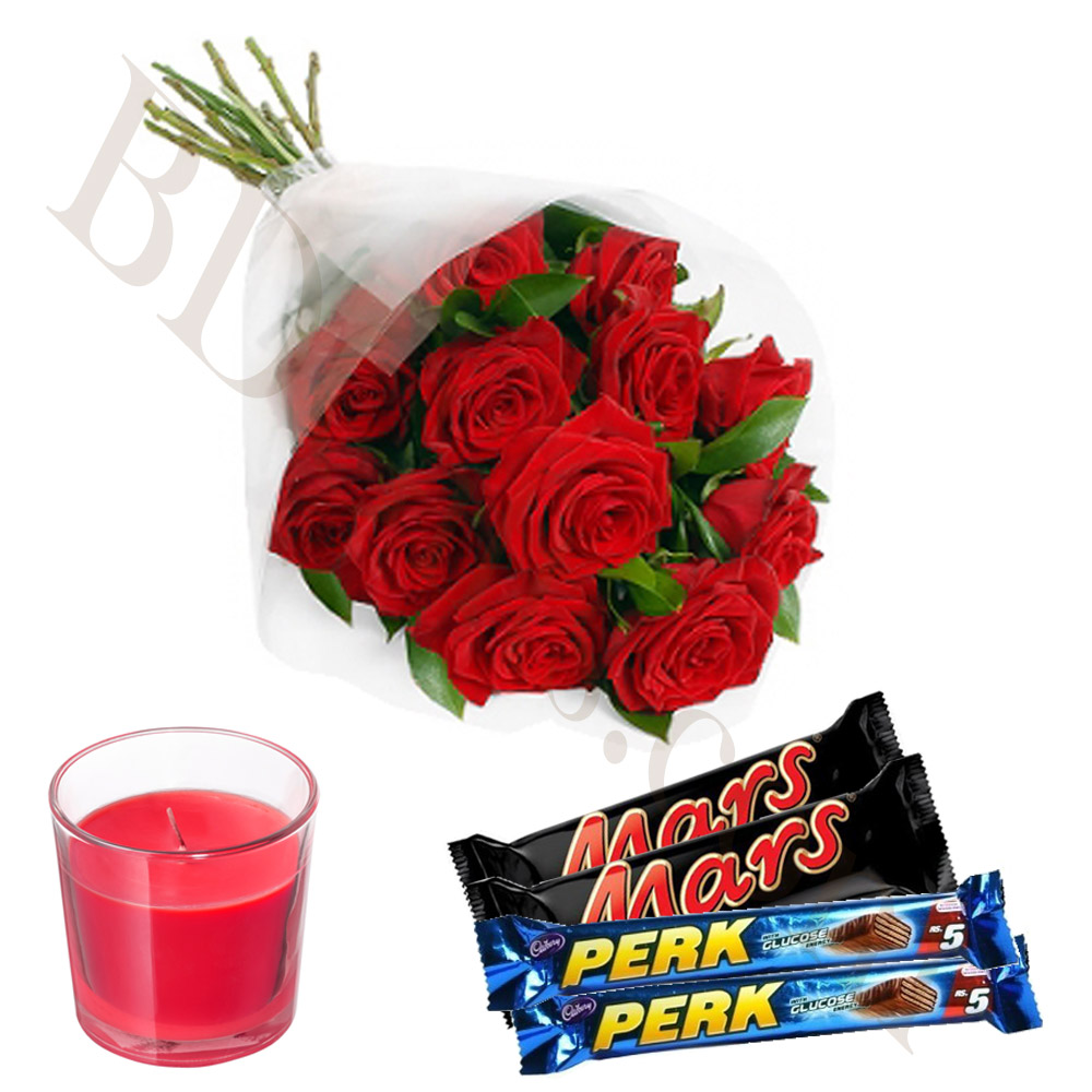 Red roses w/ glass candle and chocolates