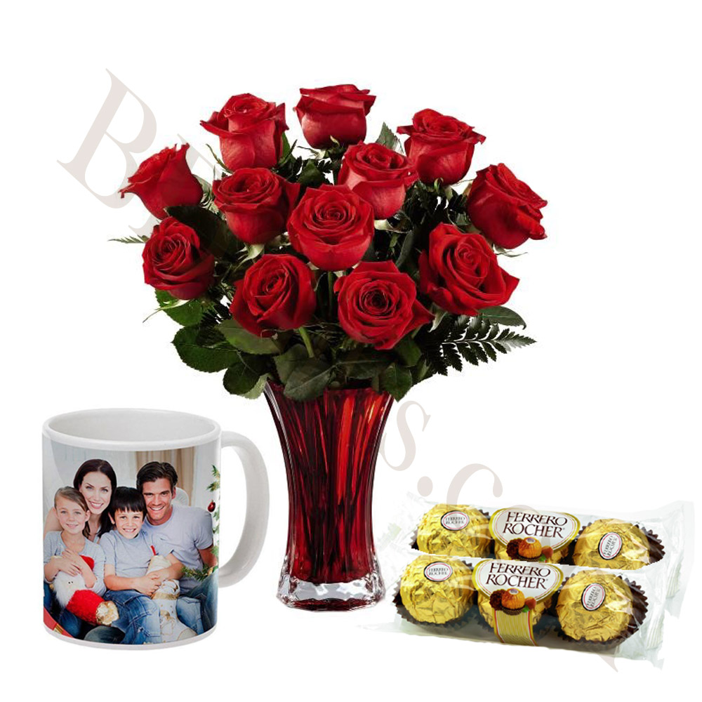 Chocolates w/ red roses and photo mug