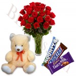 Teddy bear w/ red roses and chocolates