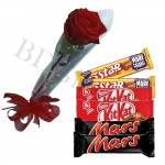 Single red rose in bouquet and chocolates