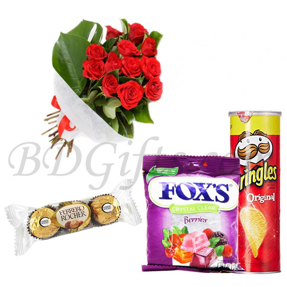 Red roses with chips, candy and chocolates