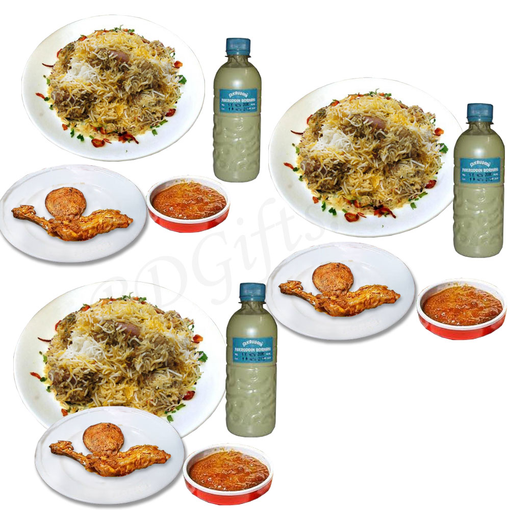 Fakruddin Kachchi biryani 3 ( Half Plate) W/ Chicken Roast, Jali kabab, chatni and Borhani