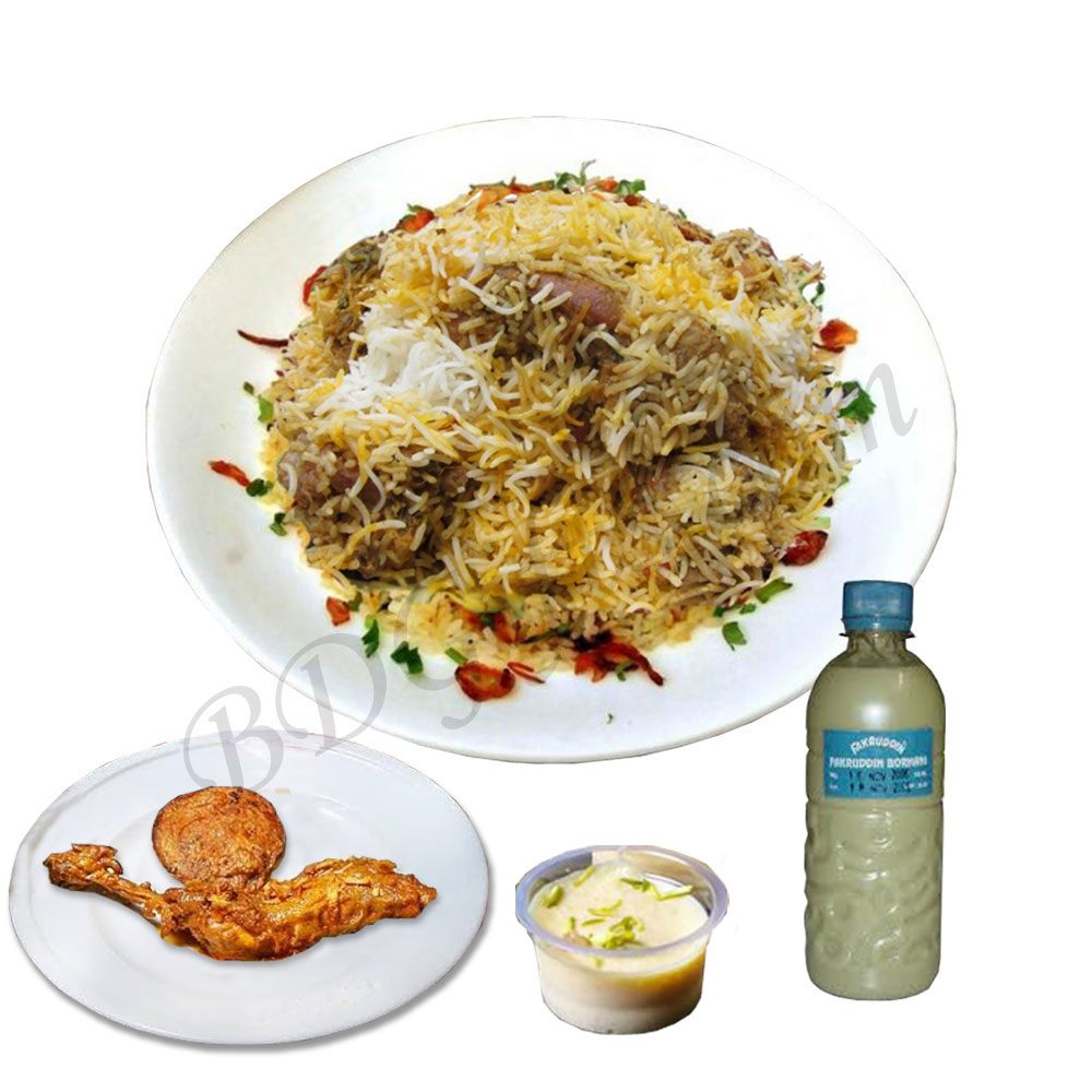 Fakruddin Kachchi biryani 1 (Half Plate) W/ Chicken Roast, Jali kabab, Firni and Borhani
