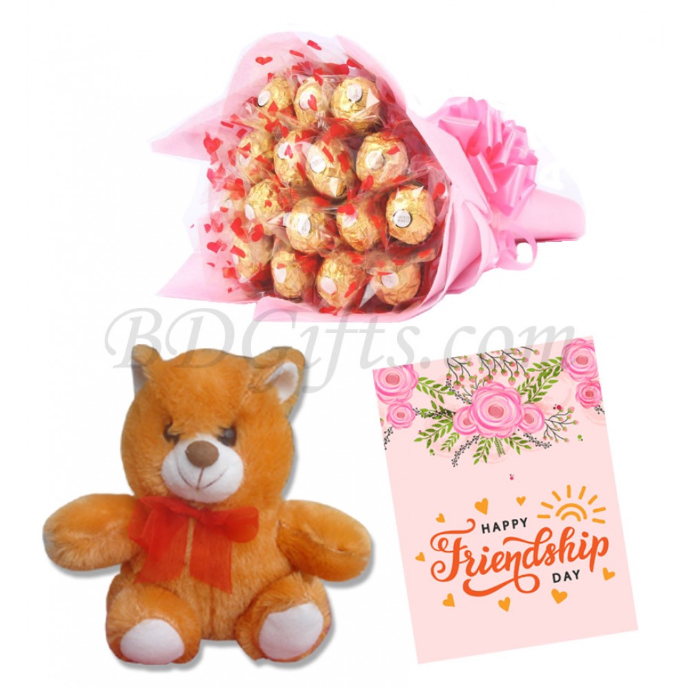 Bear with chocolates and card