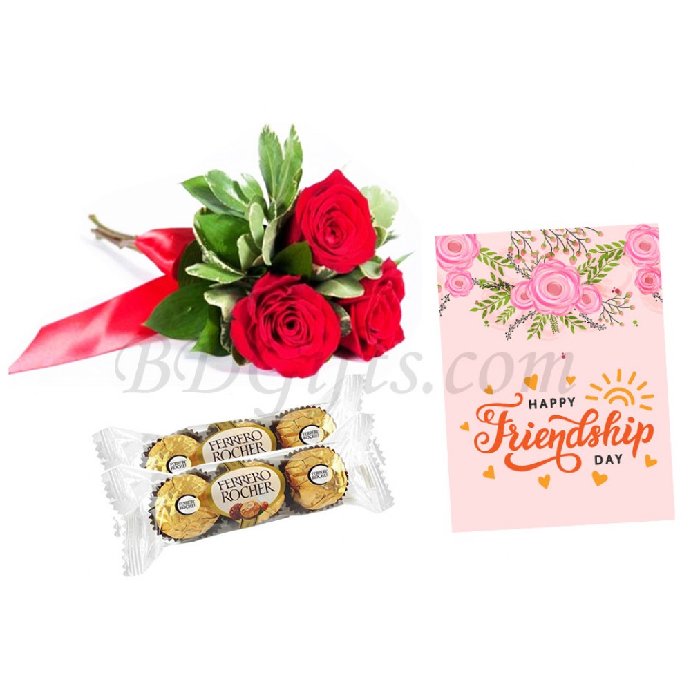 Roses with card and chocolates