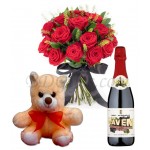 red roses with bear and sparking juice