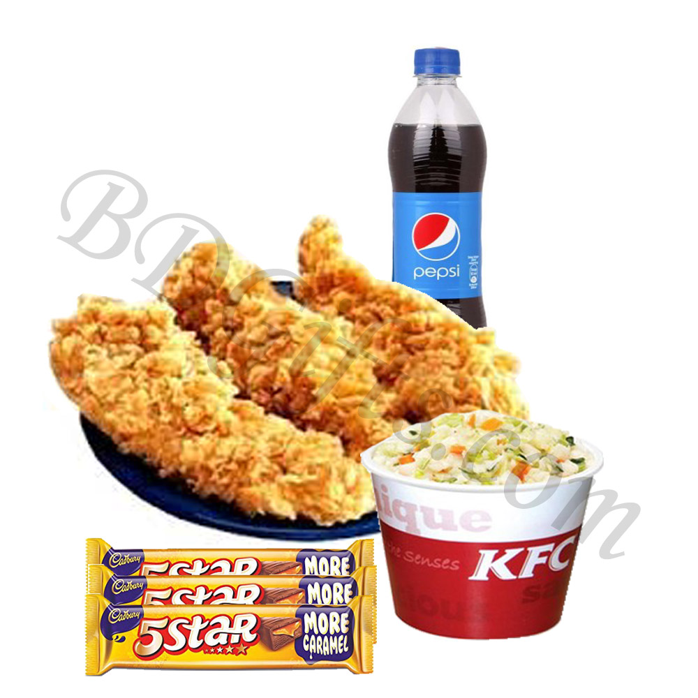Chicken strips with coleslaw, half liter pepsi and 5 star chocolates