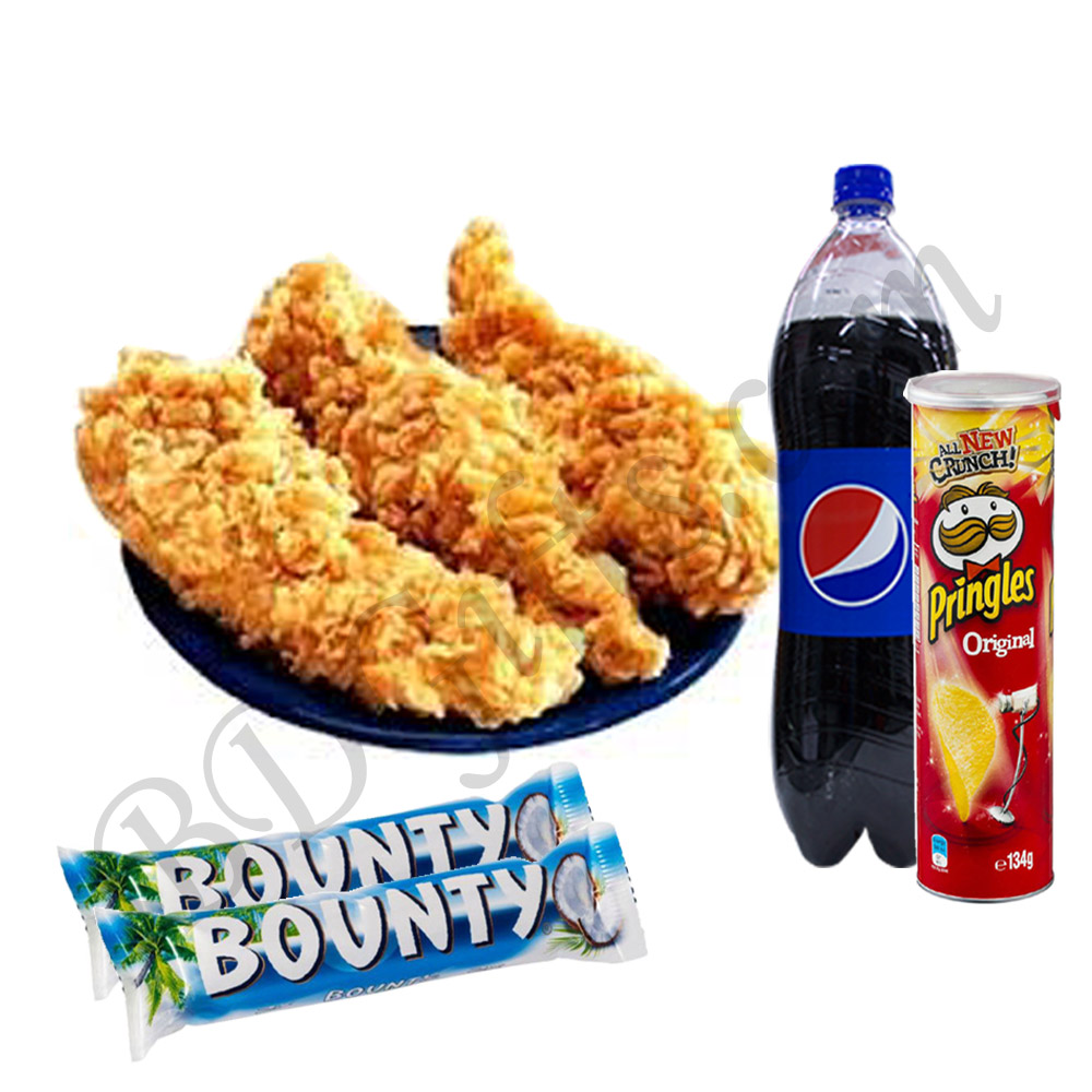 Chicken stripes with 2 pcs bounty, 1 liter pepsi and pringles chips