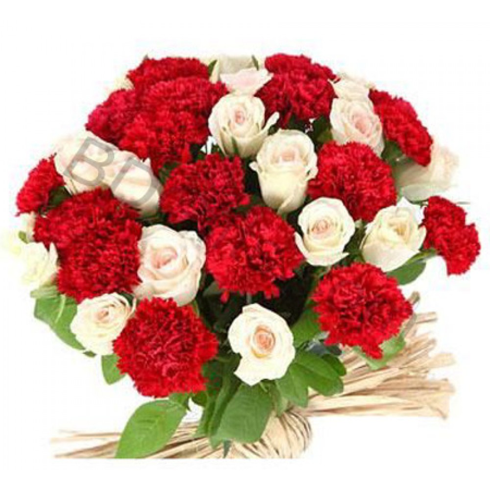 Carnations and roses mix in bouquet