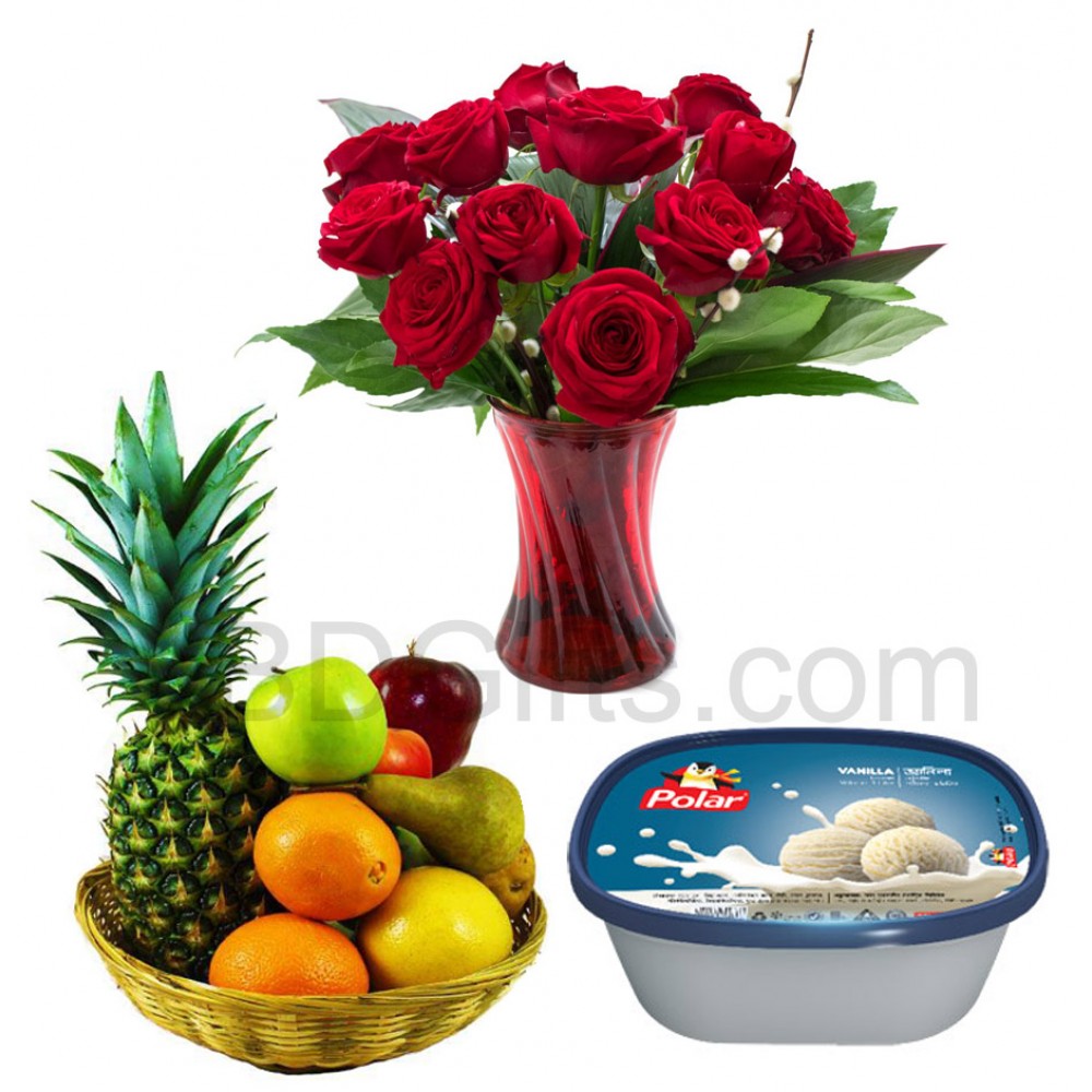 Ice cream with roses in vase and fruits