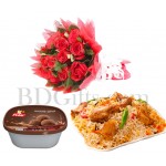 Roses with chicken biryani and ice cream