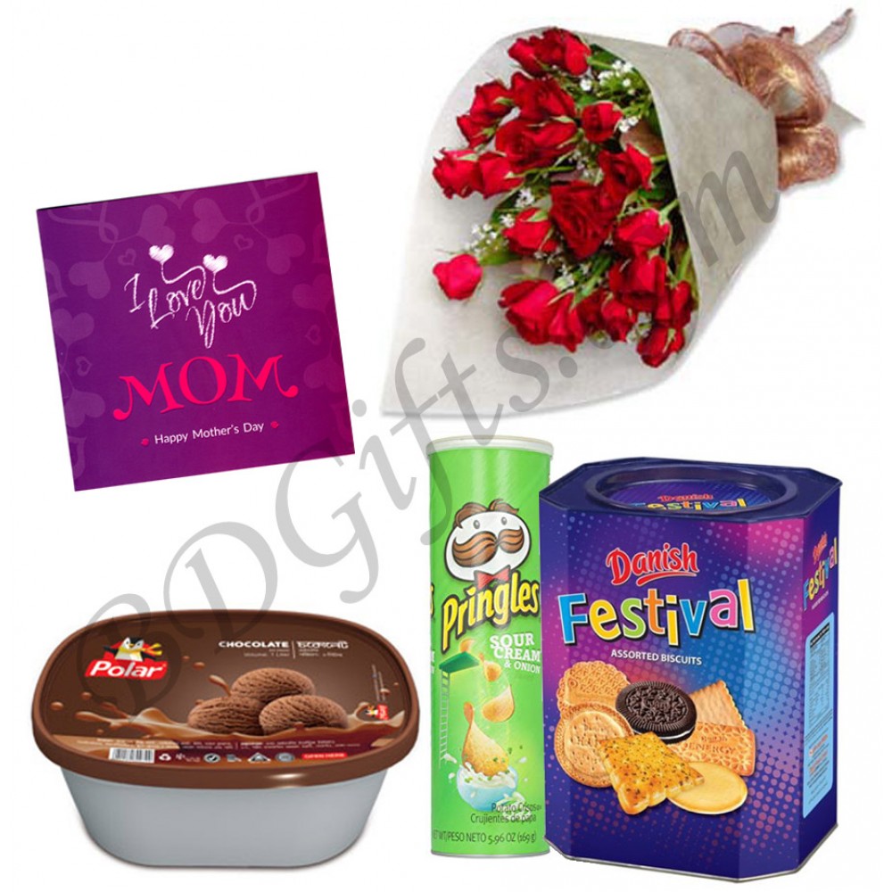 Roses with ice cream, chips, biscuits and card