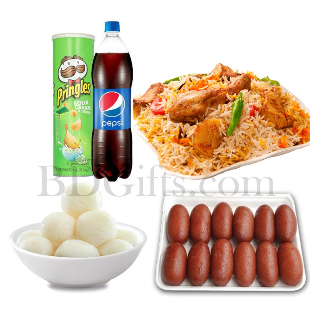 Biryani with pepsi, chips and sweets