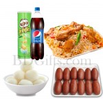 Biryani with pepsi, chips and sweets