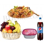 biryani with fruits, ice cream and pepsi