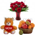 Bear with fruits and roses in vase