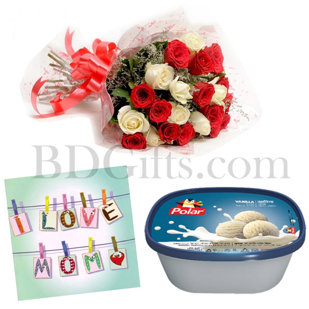Mix roses with card and ice cream