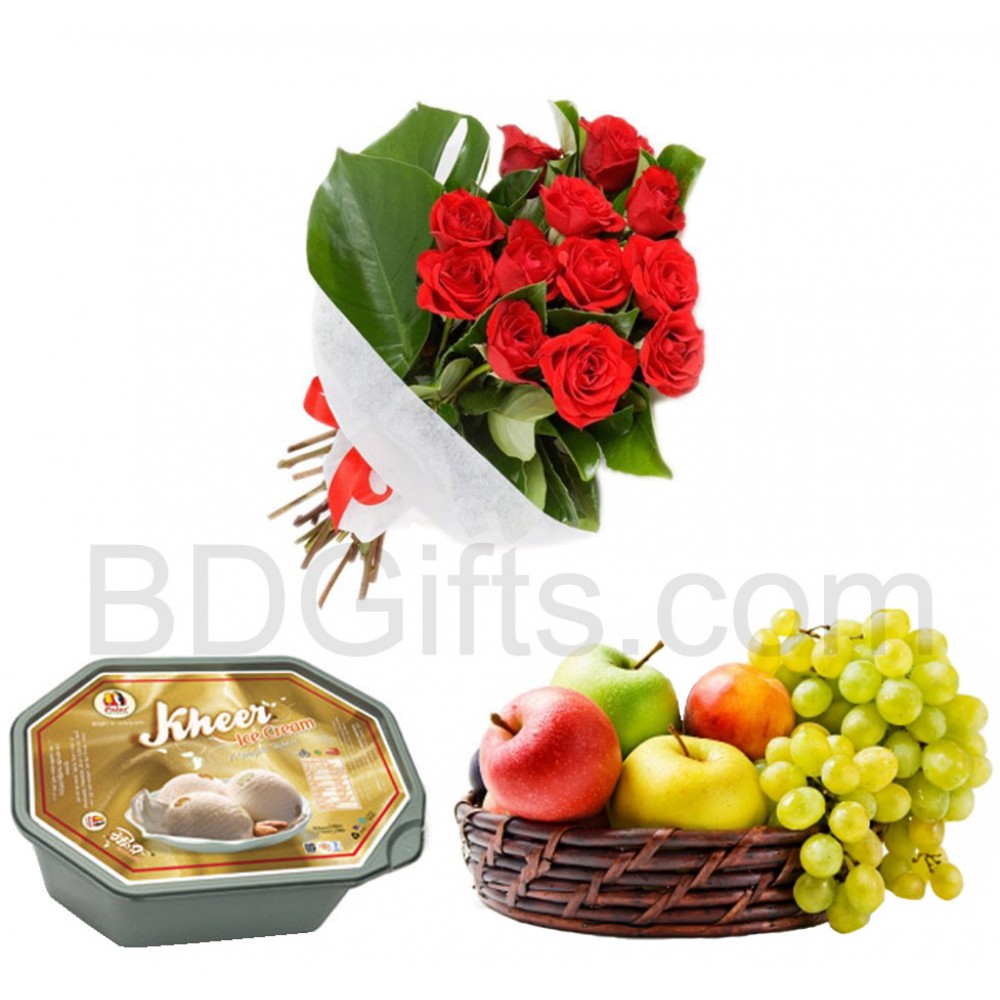 Roses with ice cream and fruits
