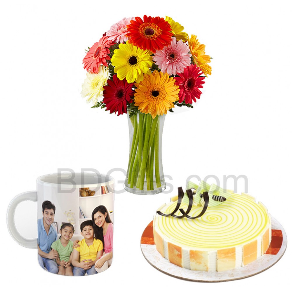 Gerberas with cake and mug