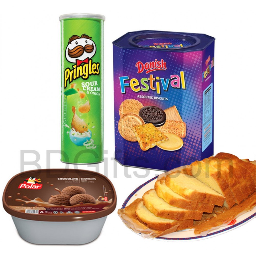 Ice cream with chips, biscuits and cake