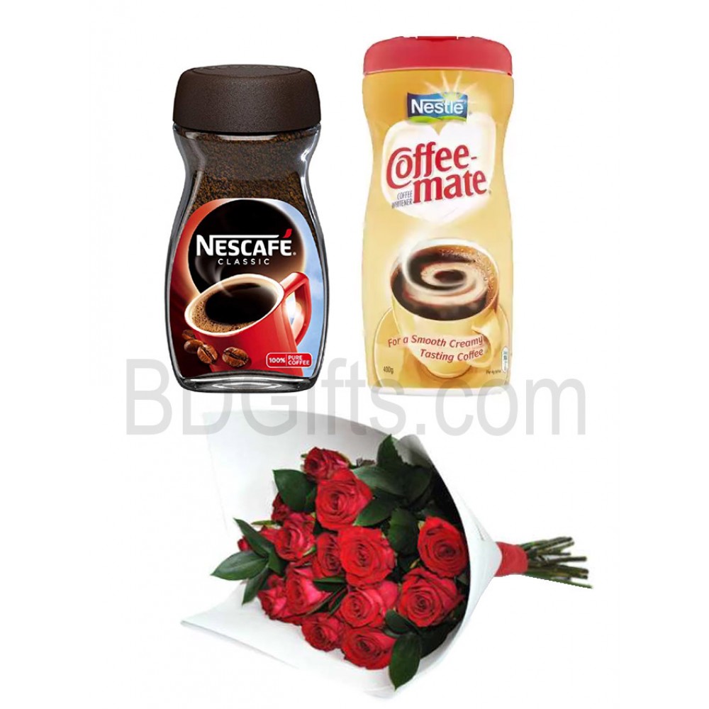 Coffee with red roses