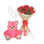 12 pcs red roses in bouquet and pink teddy bear