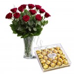 12 pcs red roses in vase and 24 pcs ferrero rocher chocolates