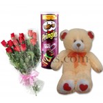 Bear with chips and roses