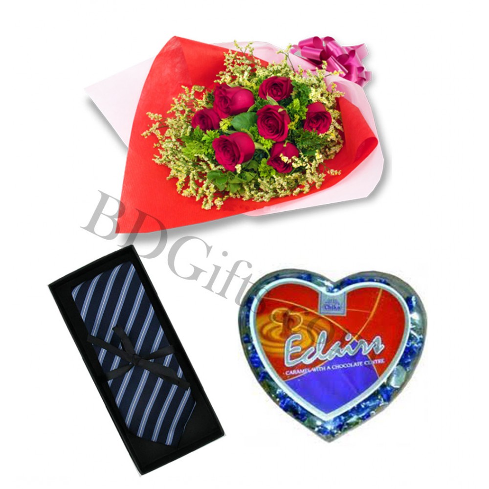 Roses with tie and chocolates