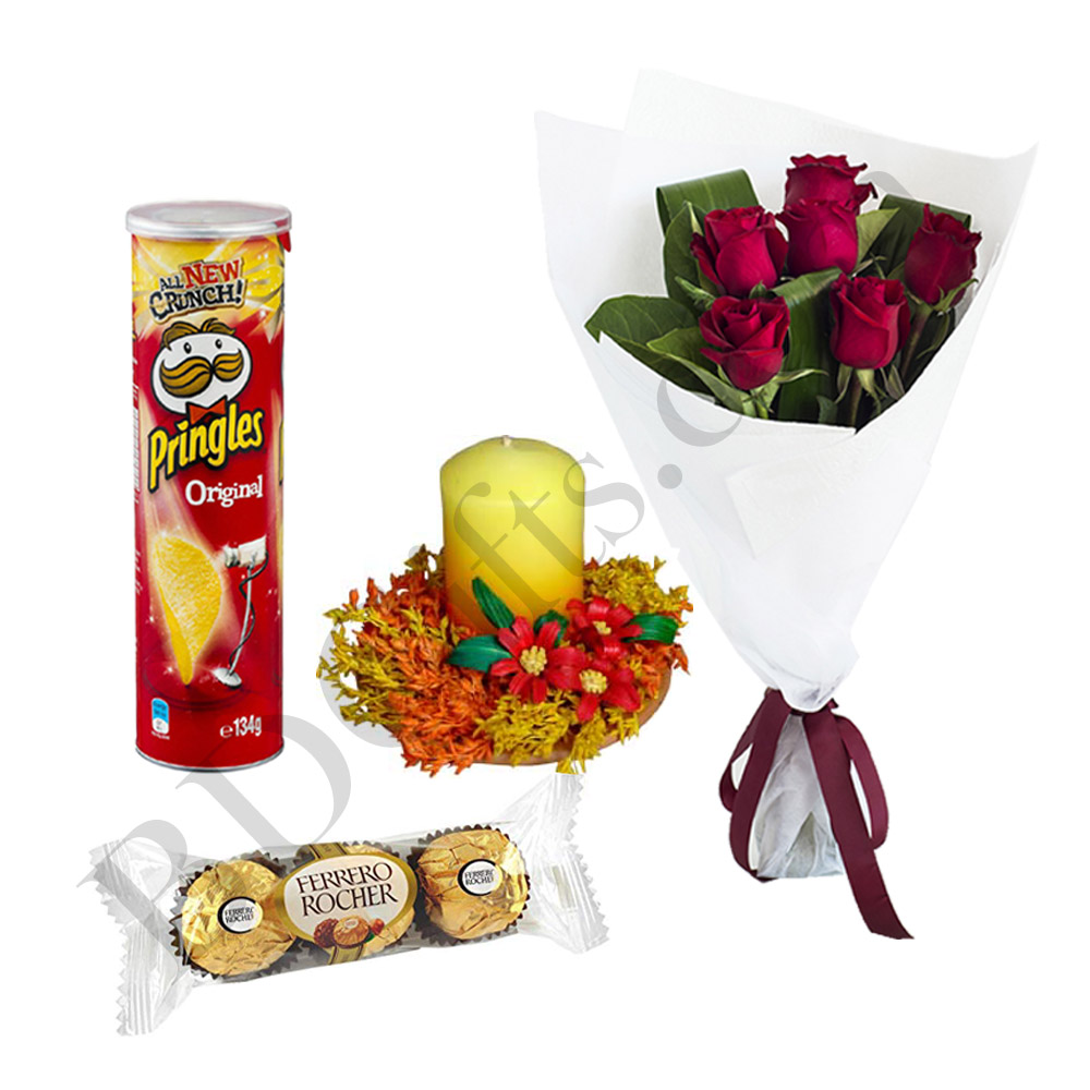 Red roses with candle, chocolate and chips