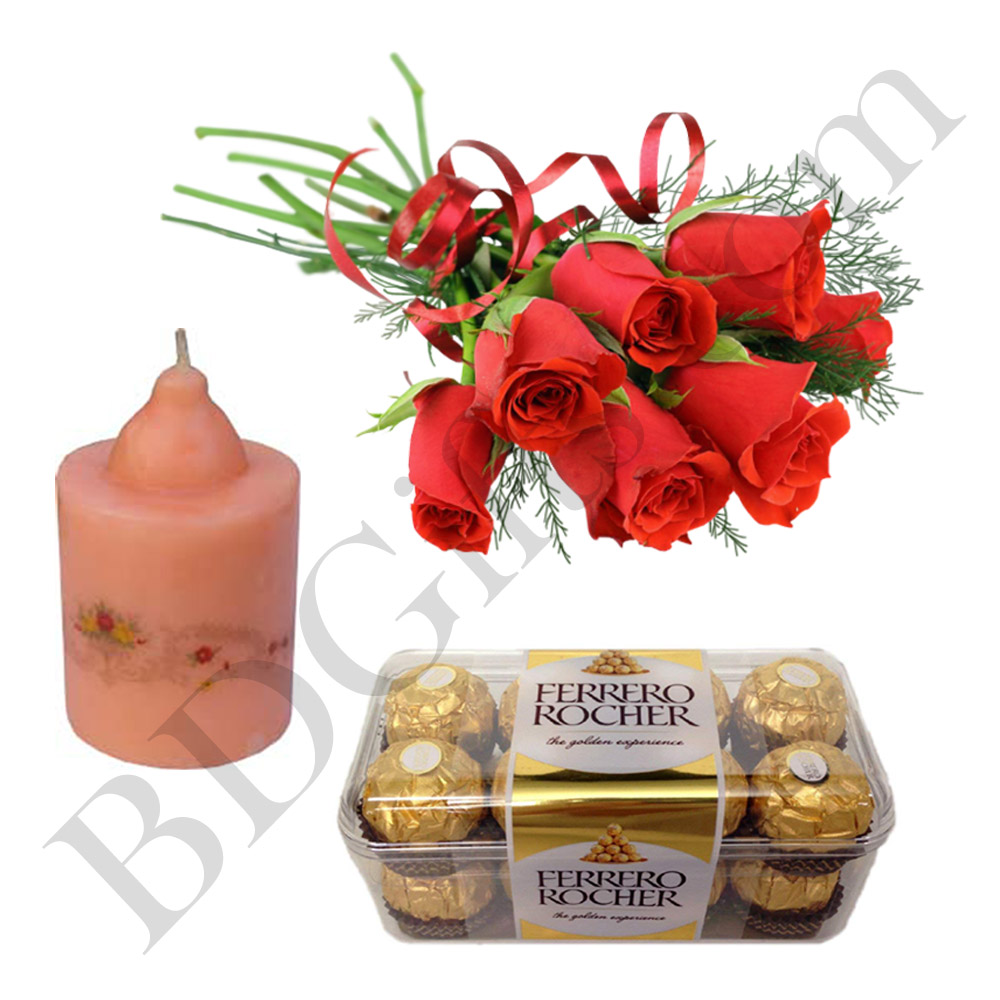 Red roses, chocolate and candle